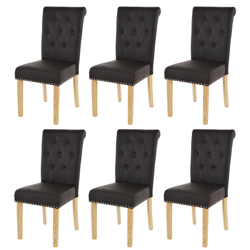 Lot de 6 chaises de salle à manger Chesterfield II av rivets - similicuir brun foncé, pieds clairs