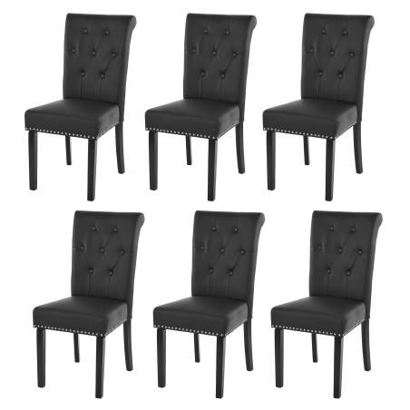 Lot de 6 chaises de salle à manger Chesterfield II av rivets - similicuir noir, pieds foncés