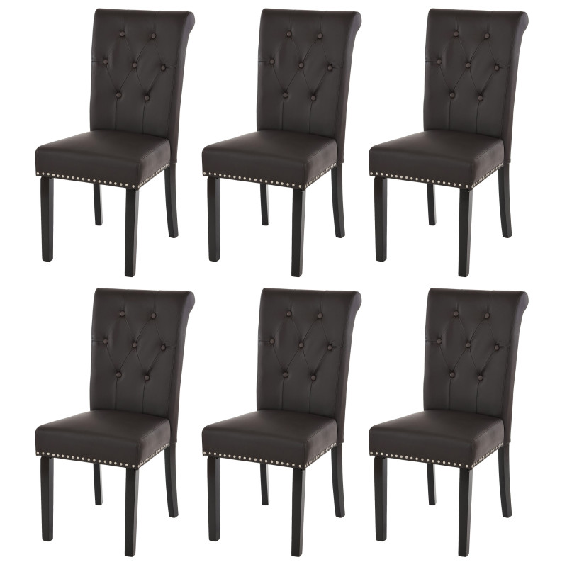 Lot de 6 chaises de salle à manger Chesterfield II av rivets - similicuir brun foncé, pieds foncés