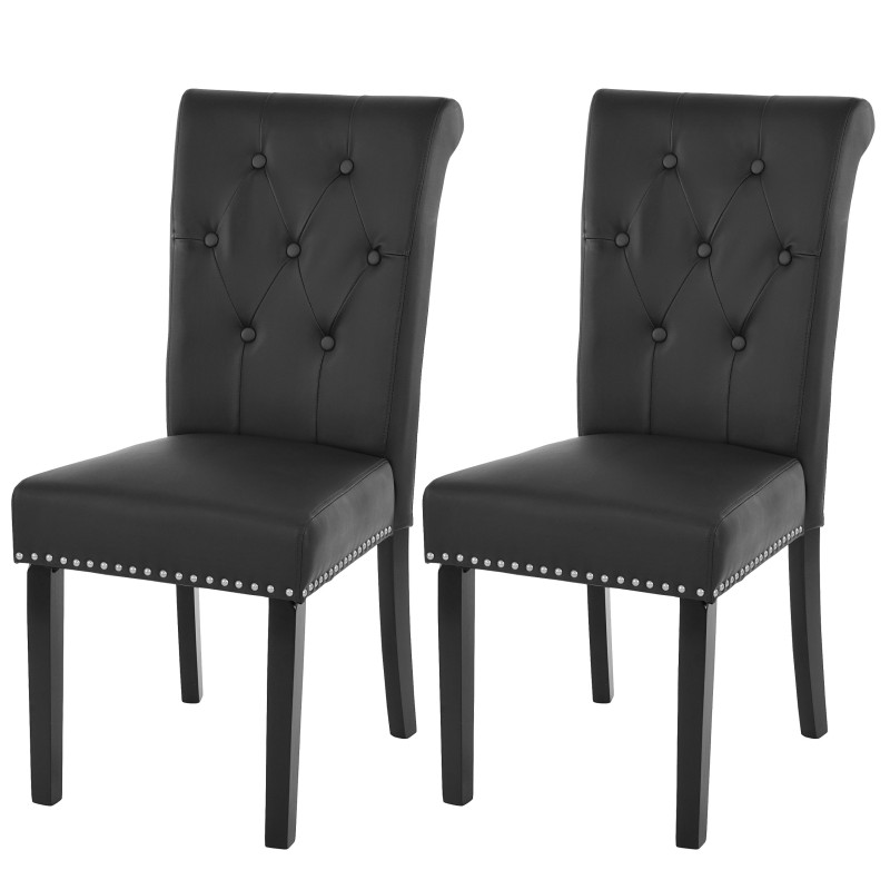 Lot de 2 chaises de salle à manger Chesterfield II av rivets - similicuir noir, pieds foncés