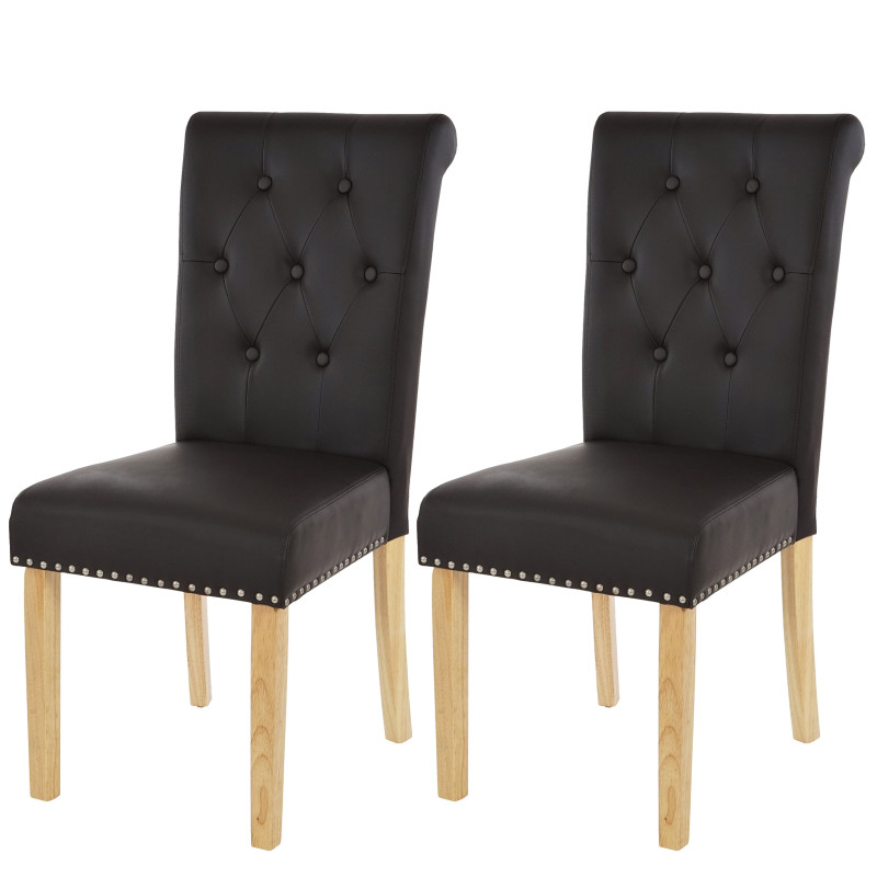 Lot de 2 chaises de salle à manger Chesterfield II av rivets - similicuir brun foncé, pieds clairs