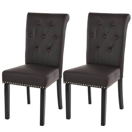 Lot de 2 chaises de salle à manger Chesterfield II av rivets - similicuir brun foncé, pieds foncés