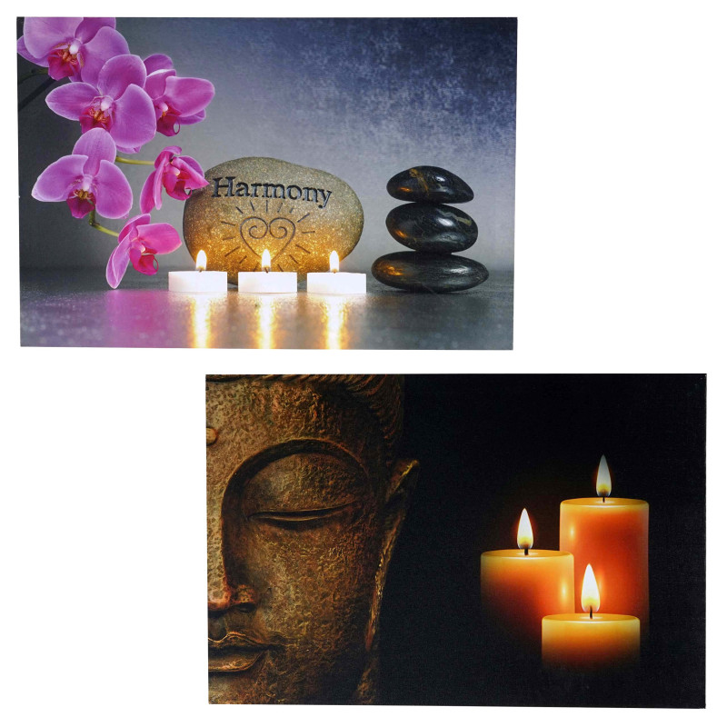 2x toiles de décoration murale LED tableau illuminé avec minuterie - 60x40cm, motif Bouddha