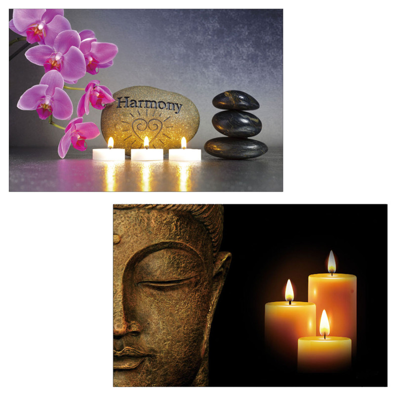 2x toiles de décoration murale LED tableau illuminé avec minuterie - 60x40cm, motif Bouddha