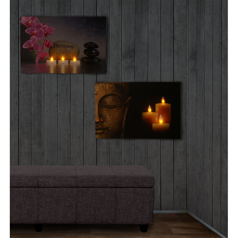 2x toiles de décoration murale LED tableau illuminé avec minuterie - 60x40cm, motif Bouddha