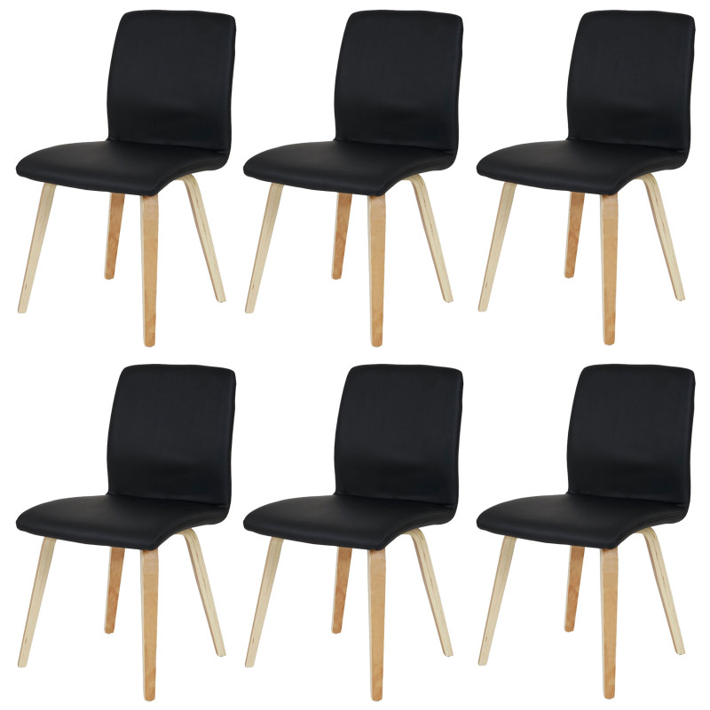 Lot de 6 chaises de séjour Bendorf, style rétro, pieds clairs - similicuir, noir