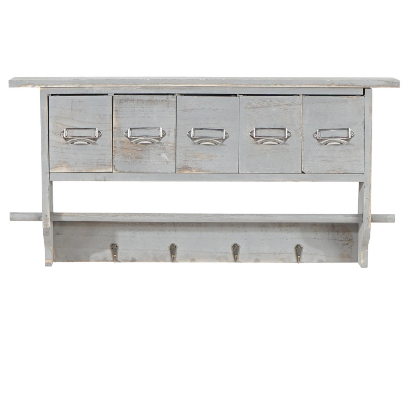 Portemanteau mural, étagère 5 tiroirs, 65x13x32cm, shabby chic, vintage - gris