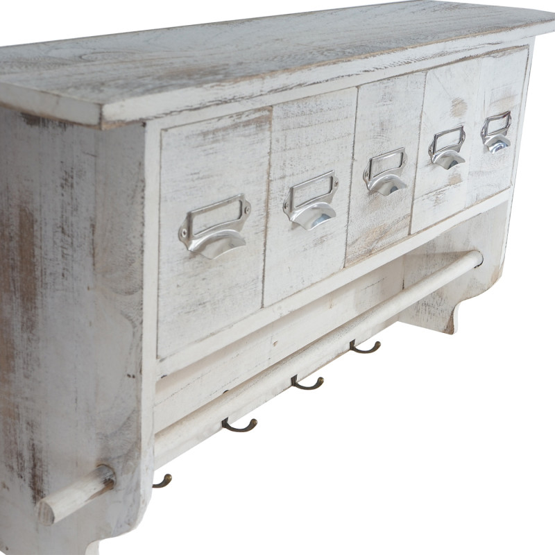 Portemanteau mural, étagère 5 tiroirs, 65x13x32cm, shabby chic, vintage - blanc