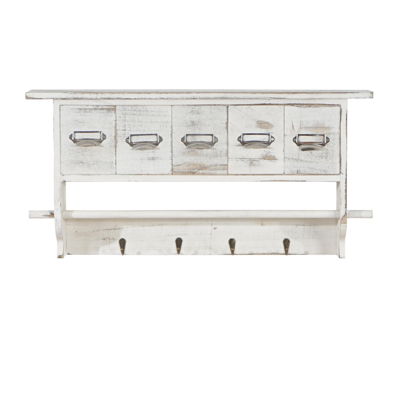 Portemanteau mural, étagère 5 tiroirs, 65x13x32cm, shabby chic, vintage - blanc