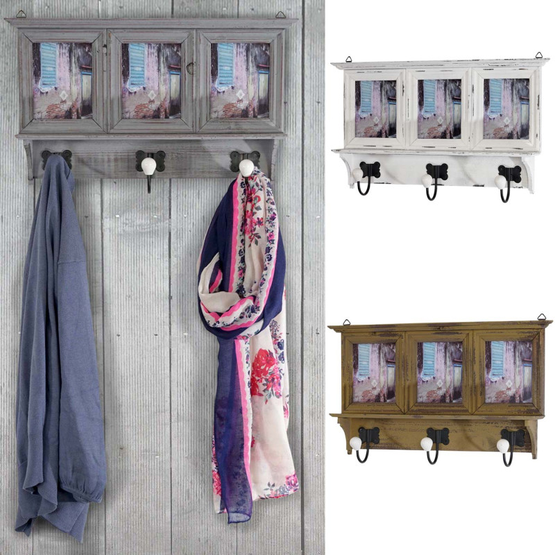 Garderobe portemanteau Halifax avec cadres-photo, 35x56x9cm, style shabby chic vintage - kaki