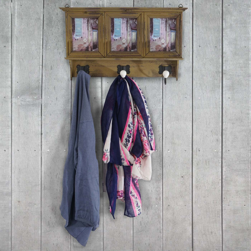 Garderobe portemanteau Halifax avec cadres-photo, 35x56x9cm, style shabby chic vintage - kaki