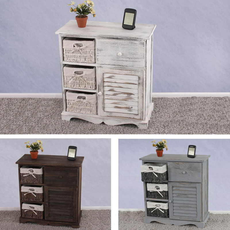 Commode / table d'appoint / armoire, 3 paniers, 1 tiroir, 60x30x63cm, shabby, vintage, marron