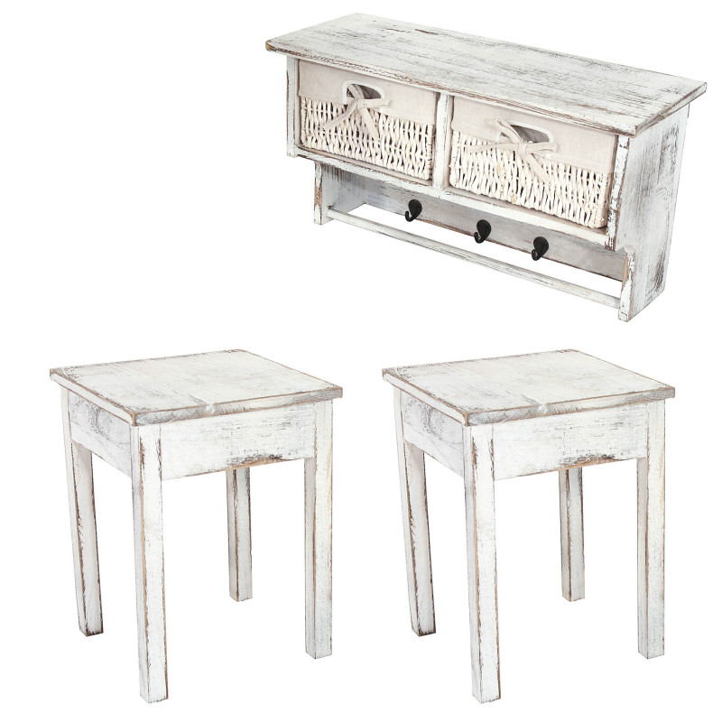 Garde-robe, étagère murale avec 2 paniers + 2x table d'appoint, style shabby, vintage - blanc