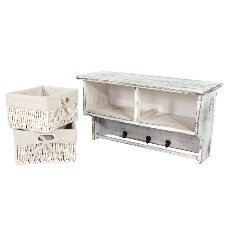 Garde-robe, étagère murale avec 2 paniers + 2x table d'appoint, style shabby, vintage - blanc