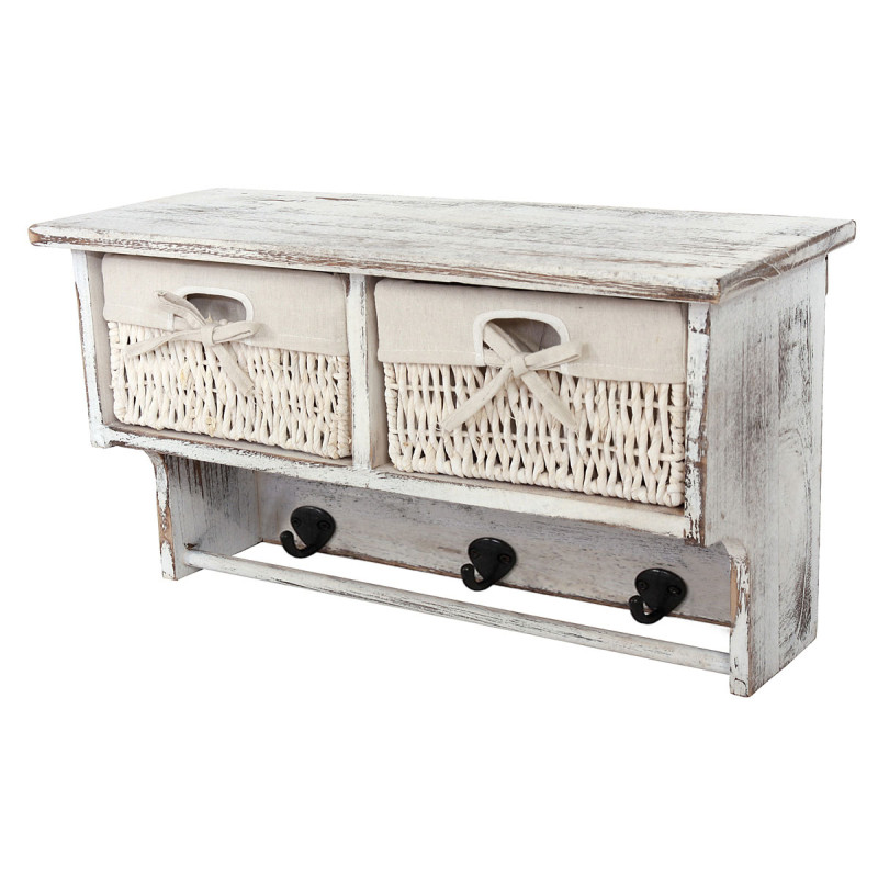 Garde-robe, étagère murale avec 2 paniers + 2x table d'appoint, style shabby, vintage - blanc