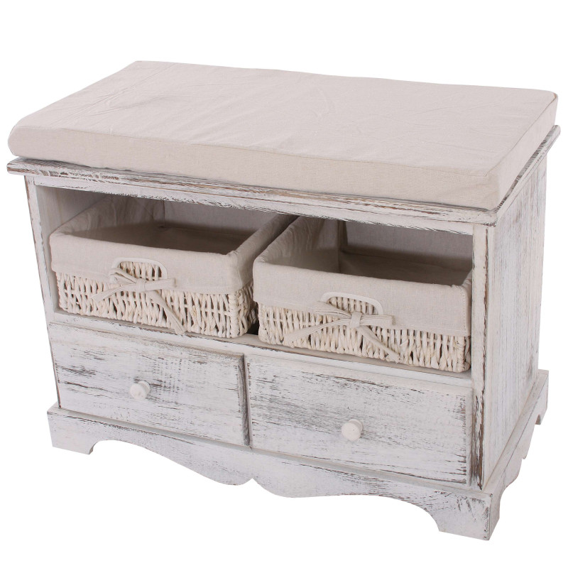 Commode / banc, 2 paniers, 2 tiroirs, 62x33x42cm, shabby, vintage, blanc