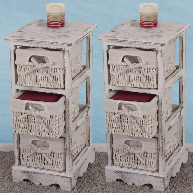 2x commodes /meubles d'appoint / étagères, 3 paniers, 25x28x58cm, shabby, vintage, blanc