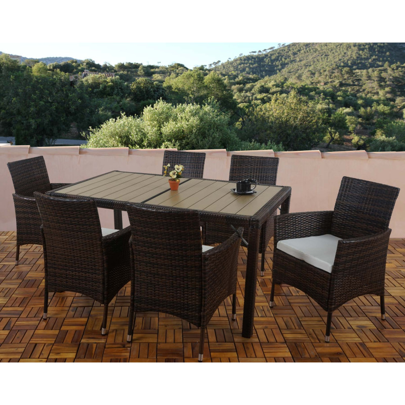 Salon de jardin Ariana polyrotin, lounge, 6xfauteuil aluminium+table,WPC bois composite-marron