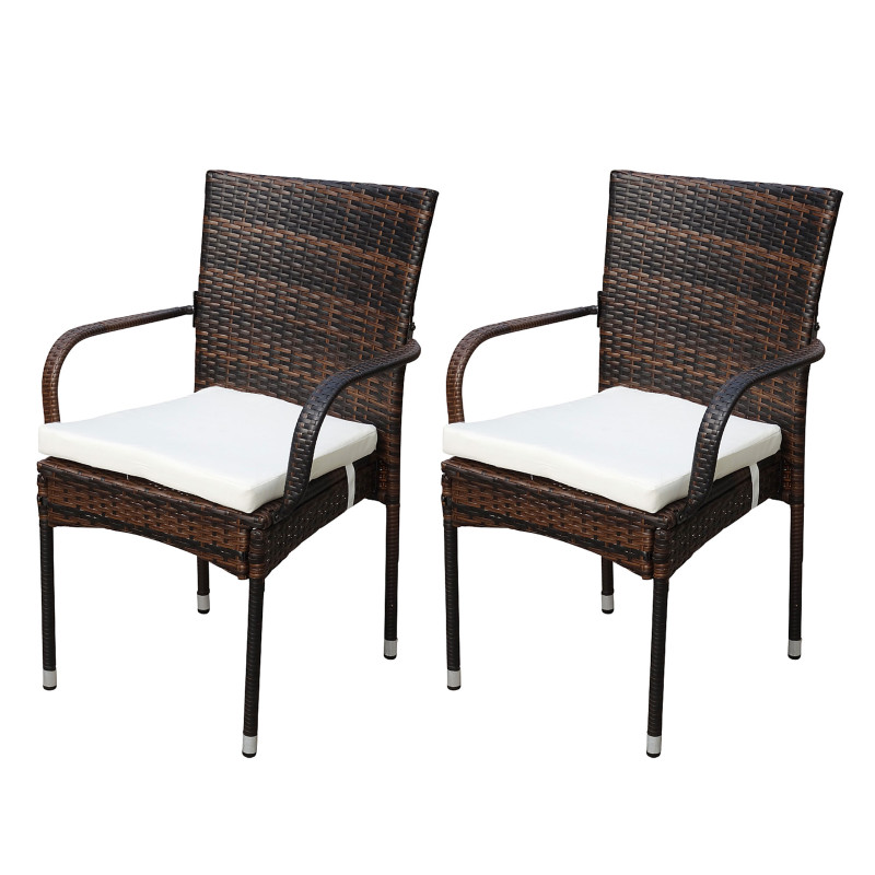 Lot de 2 chaises de jardin polyrotin Ariana, empilable avec coussin, acier - marron