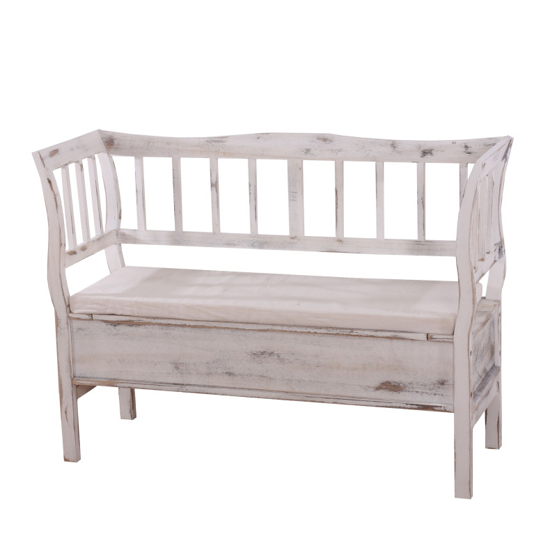 Banc banquette de rangement T207 bahut coffre avec coussin - bois blanc shabby chic