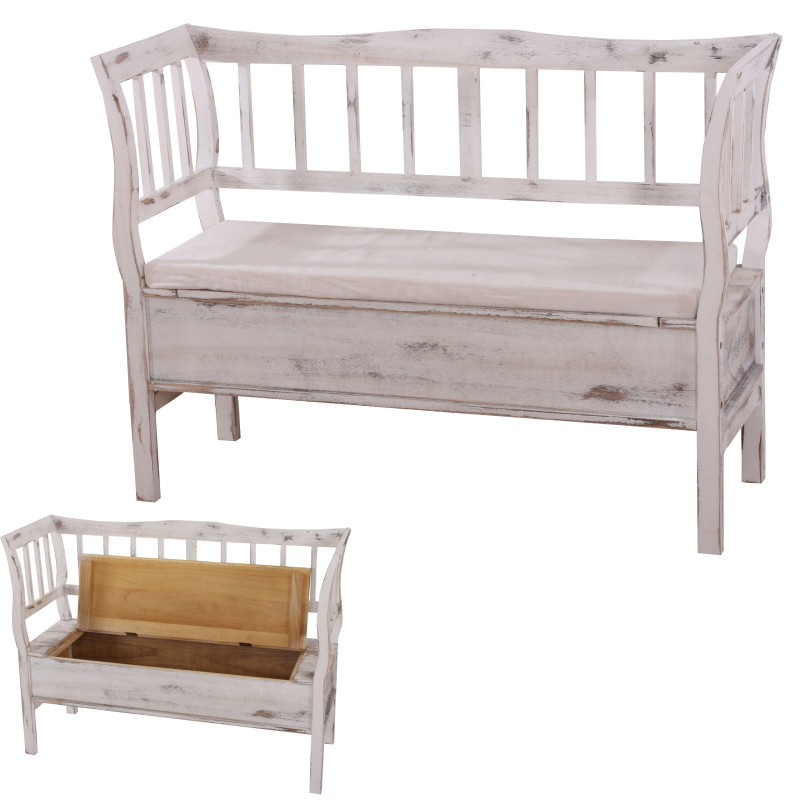 Banc banquette de rangement T207 bahut coffre avec coussin - bois blanc shabby chic