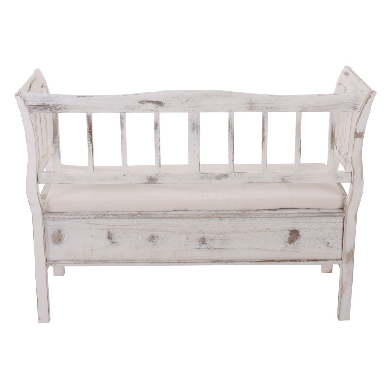 Banc banquette de rangement T207 bahut coffre avec coussin - bois blanc shabby chic