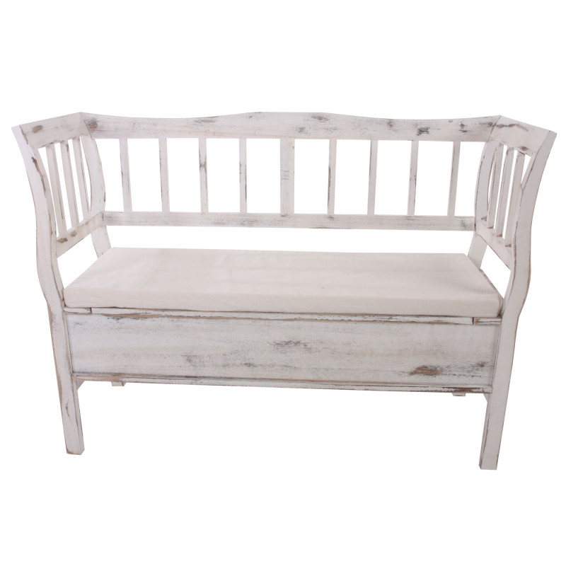 Banc banquette de rangement T207 bahut coffre avec coussin - bois blanc shabby chic