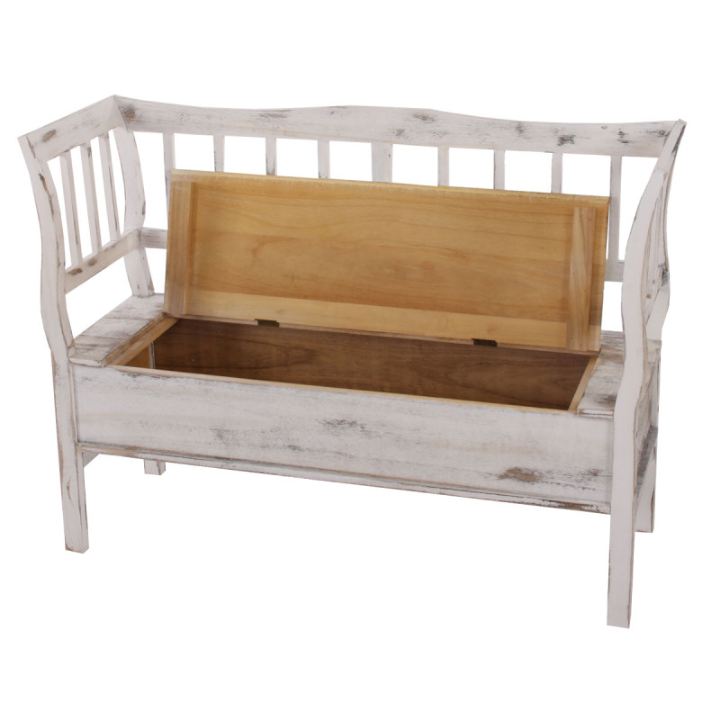 Banc banquette de rangement T207 bahut coffre avec coussin - bois blanc shabby chic