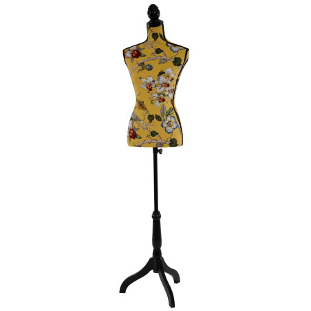 Mannequin de couture de tailleur buste torse féminin T222 - fibre de verre, motif jaune à fleurs