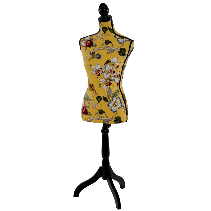 Mannequin de couture de tailleur buste torse féminin T222 - fibre de verre, motif jaune à fleurs