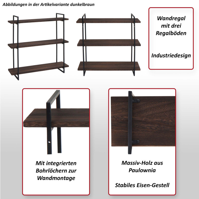 Etagère murale étagère suspendue, 3 étagères en métal massif-bois industriel 60x60x18cm - blanc, métal noir