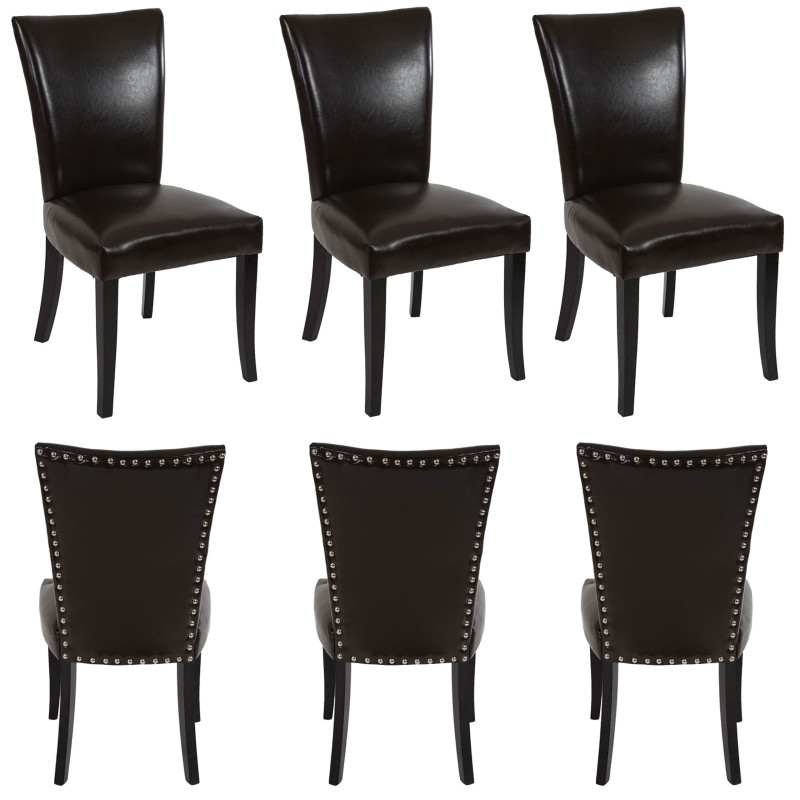 Lot de 6 chaises de salle à manger Chesterfield av rivets - similicuir brun foncé, pieds foncés