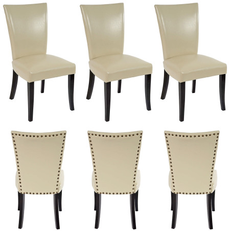 Lot de 6 chaises de salle à manger Chesterfield av rivets - similicuir crème, pieds foncés