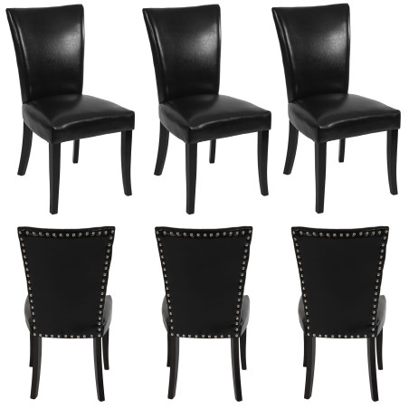 Lot de 6 chaises de salle à manger Chesterfield av rivets - similicuir noir, pieds foncés