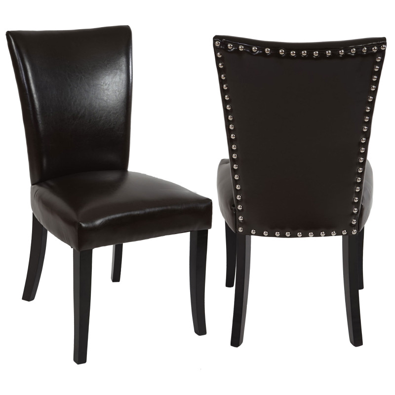 Lot de 2 chaises de salle à manger Chesterfield av rivets - similicuir brun foncé, pieds foncés