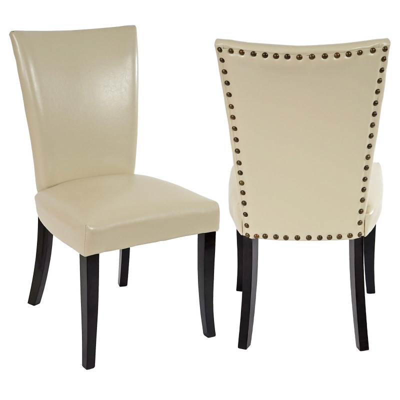 Lot de 2 chaises de salle à manger Chesterfield av rivets - similicuir crème, pieds foncés