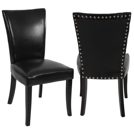 Lot de 2 chaises de salle à manger Chesterfield av rivets - similicuir noir, pieds foncés