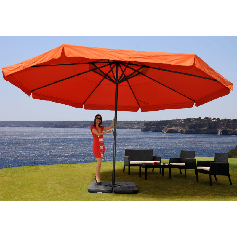 Parasol en aluminium Meran Pro, gastronomie, marché, avec volant, Ø 5m - terre cuite avec pied