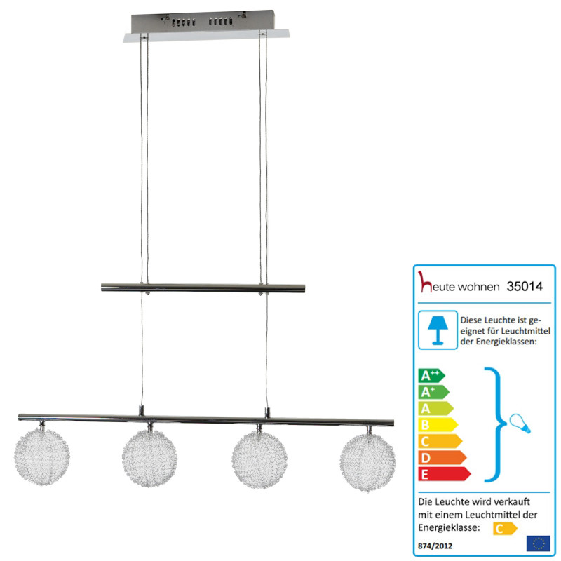 Lampe suspension, HW115, boules fil métallique, chrome - 4 flammes