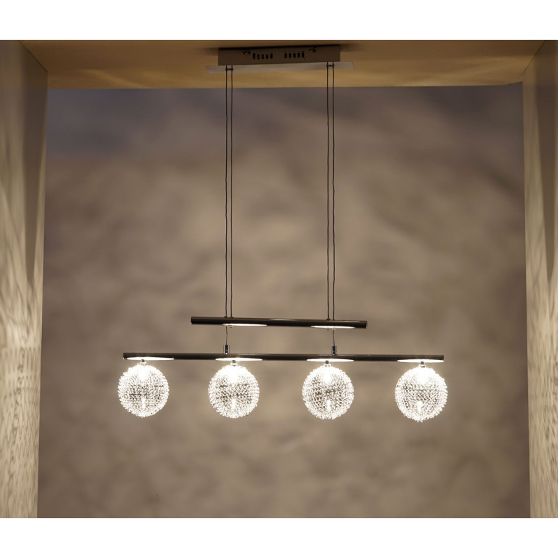 Lampe suspension, HW115, boules fil métallique, chrome - 4 flammes