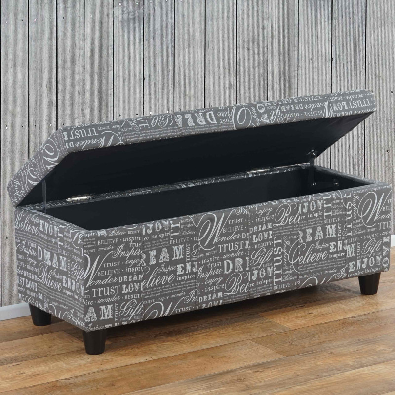 Banc/banquette/coffre de rangement Kriens, 112x45x45cm, tissu, gris words fabric