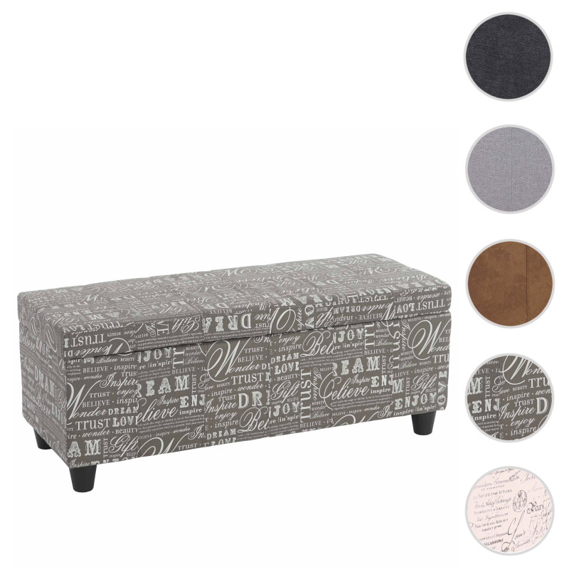 Banc/banquette/coffre de rangement Kriens, 112x45x45cm, tissu, gris words fabric