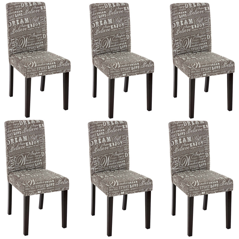 Lot de 6 chaises de séjour Littau, tissu  écriture, gris, pieds foncés