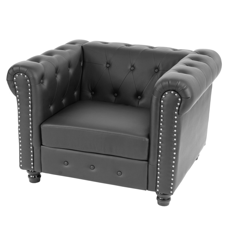 Fauteuil de luxe lounge relax Chesterfield similicuir - pieds ronds, noir