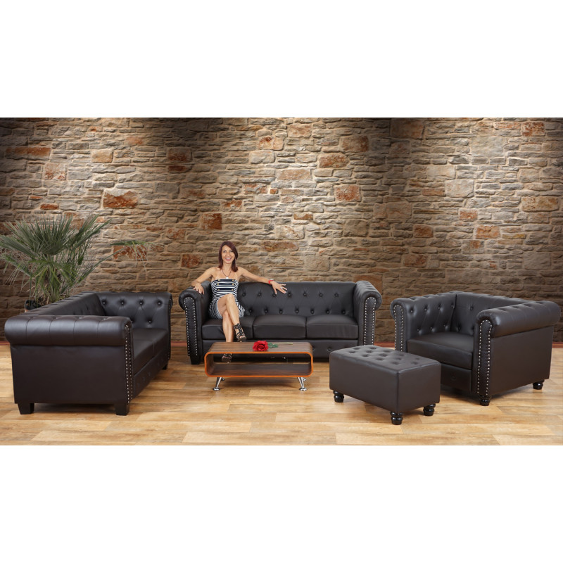 Fauteuil de luxe lounge relax Chesterfield similicuir - pieds ronds, noir