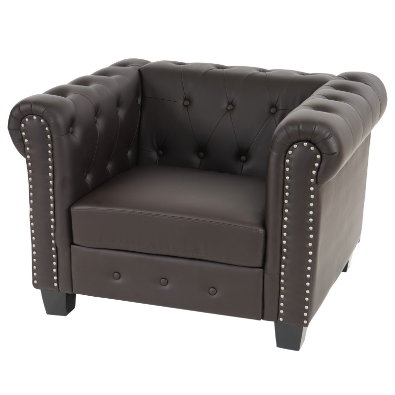 Fauteuil de luxe lounge relax Chesterfield similicuir - pieds carrés, brun antique