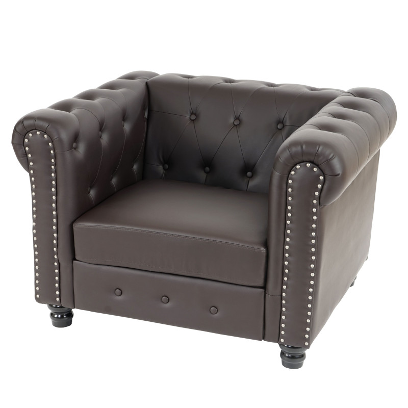 Fauteuil de luxe lounge relax Chesterfield similicuir - pieds ronds, brun antique