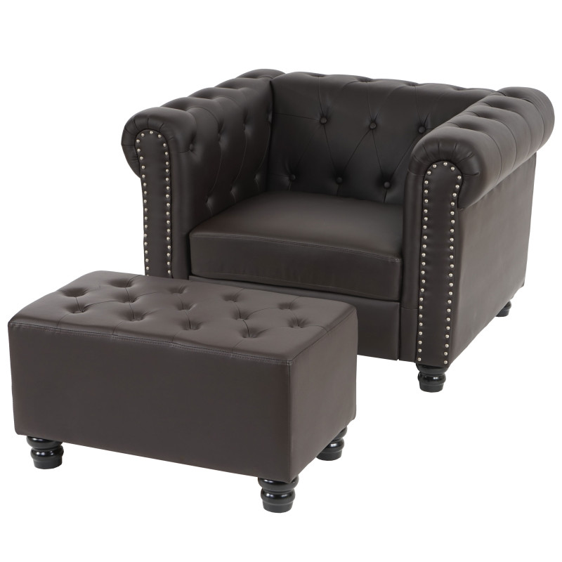 Fauteuil de luxe lounge relax Chesterfield similicuir - pieds ronds, brun antique