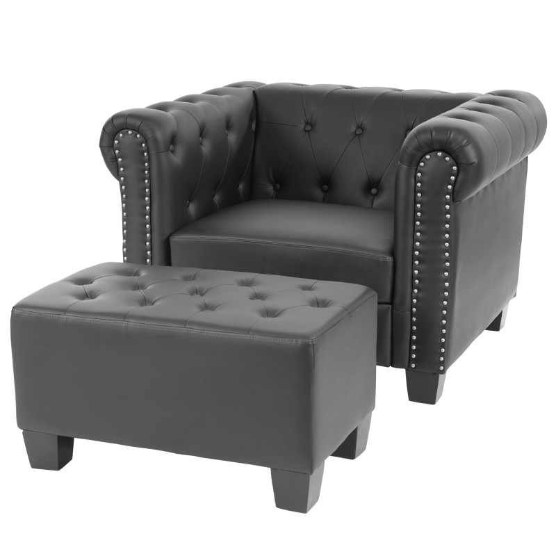Fauteuil de luxe lounge relax Chesterfield avec pouf, similicuir - pieds carrés, noir
