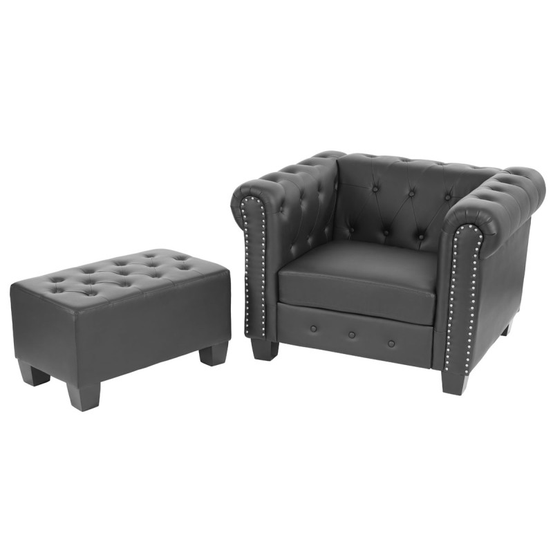 Fauteuil de luxe lounge relax Chesterfield avec pouf, similicuir - pieds carrés, noir